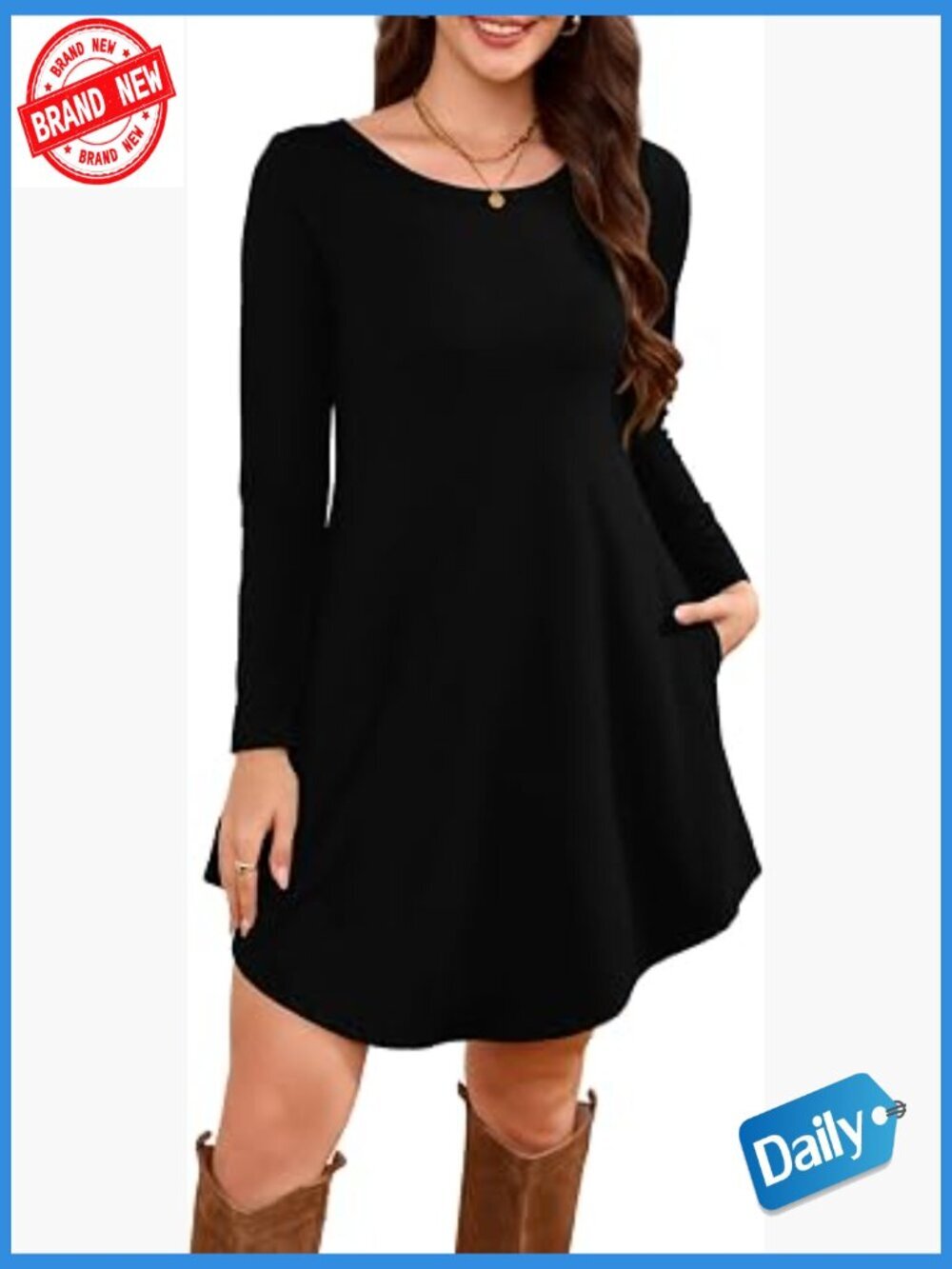 Long Sleeve T Shirt Dress Crewneck Knee Length Loose Flowy Swing Tunic with